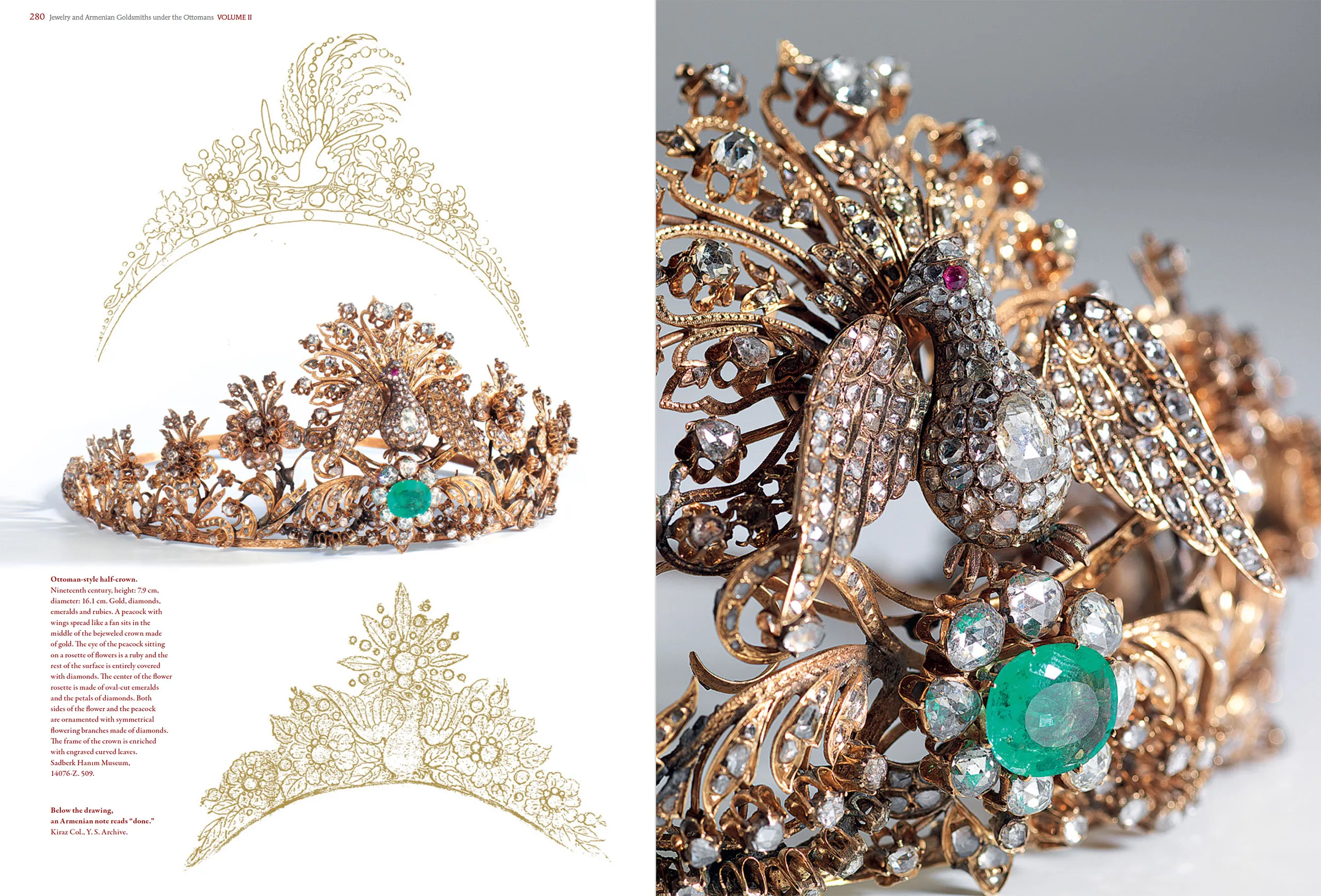 An Ottoman-style half-crown set with diamonds, emeralds and rubies, its central peacock symbolising beauty and splendour